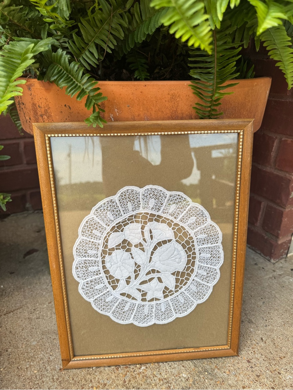 Vintage Framed White Handmade Lace Doily Wall Art  Wooden Frame